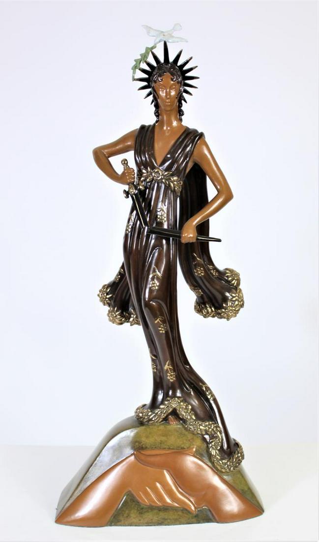 Erte (1892 - 1990) Russian, Bronze "Peace": Size: 25 1/2 x 11 in. Romain “Erté” de Tirtoff (Russian/French; 1892-1990) Peace, 1984. Gilt and patinated bronze sculpture Signed in mold to the base to the verso Numbered 414/500.