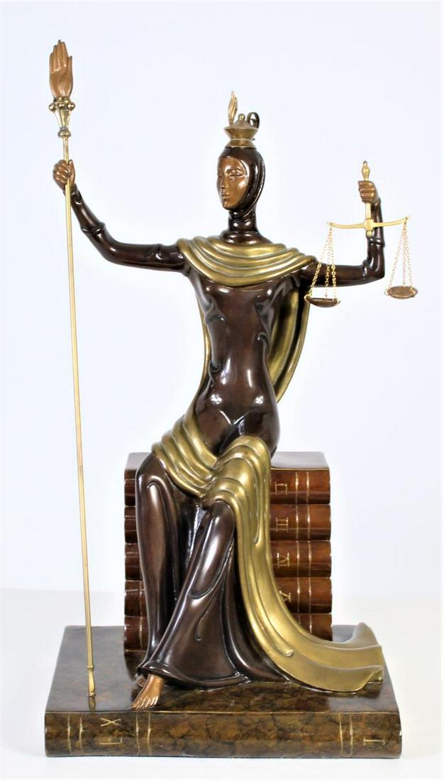 Erte (1892-1990) Bronze Sculpture, "Lady Justice": Erte, Russian/French (1892 - 1990) Bronze Sculpture "Lady Justice Circa 1984" Signed and Numbered 490/500 on Obverse Side. Foundry mark: Art Renanaisance. Measures 20-1/4" H x 11-1/2" W x 8-1/4"