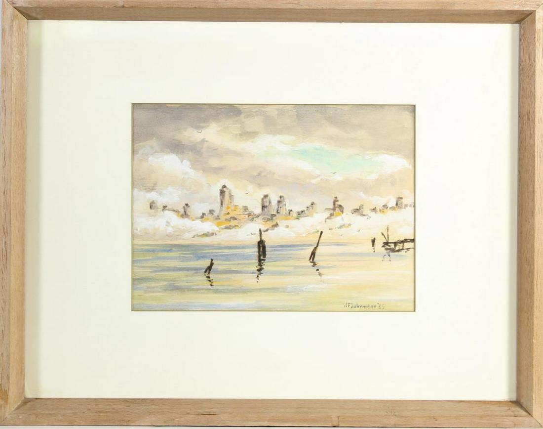 William Frederick Dohrmann (Amer. 1906-1989) W/C: Signed and dated lower right, Impressionist view of San Francisco across the Bay. Born in San Francisco, CA in1906. Dohrmann studied at the CSFA, New York School of Fine Arts, and in Paris at Académi
