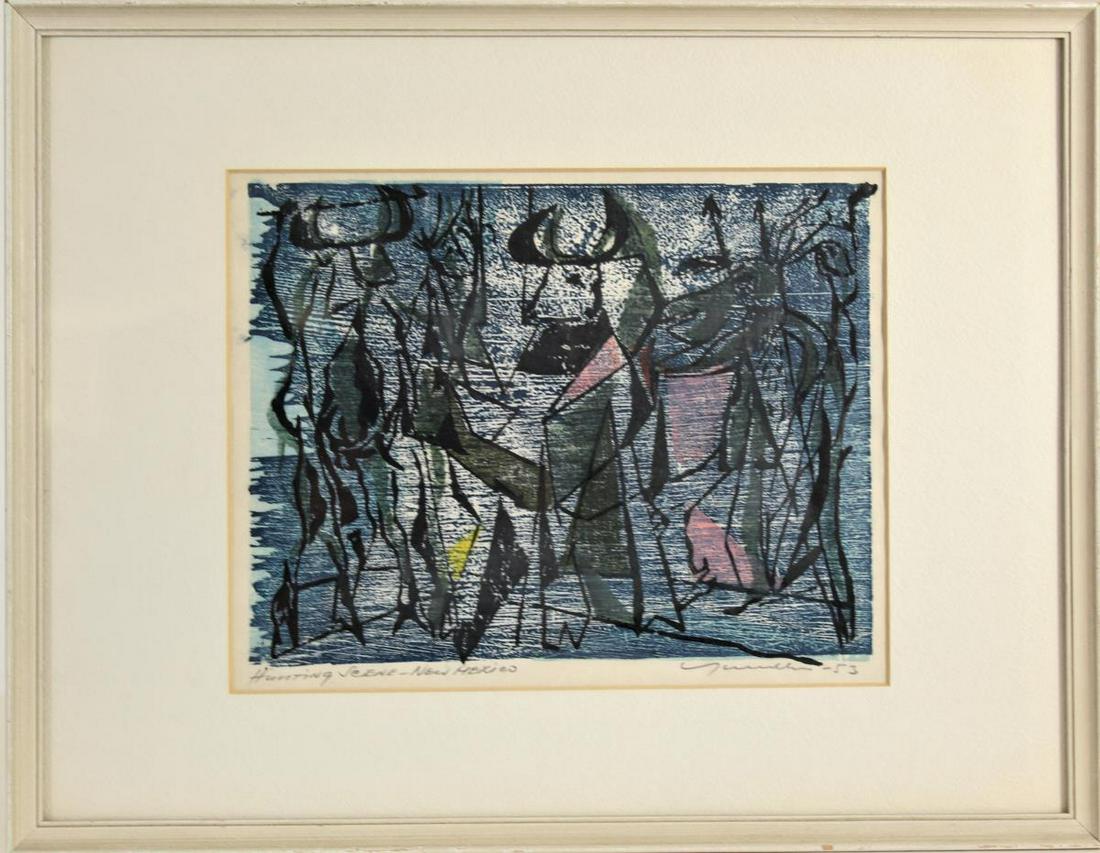 Adja Yunkers (1900-1983) Woodcut: "Hunting Scene - New Mexico", this woodcut is titled, signed & dated 1953 in pencil. Adja Yunkers, of Latvian birth, studied in Leningrad, Paris, Berlin, and London and, after a period of travel, esta