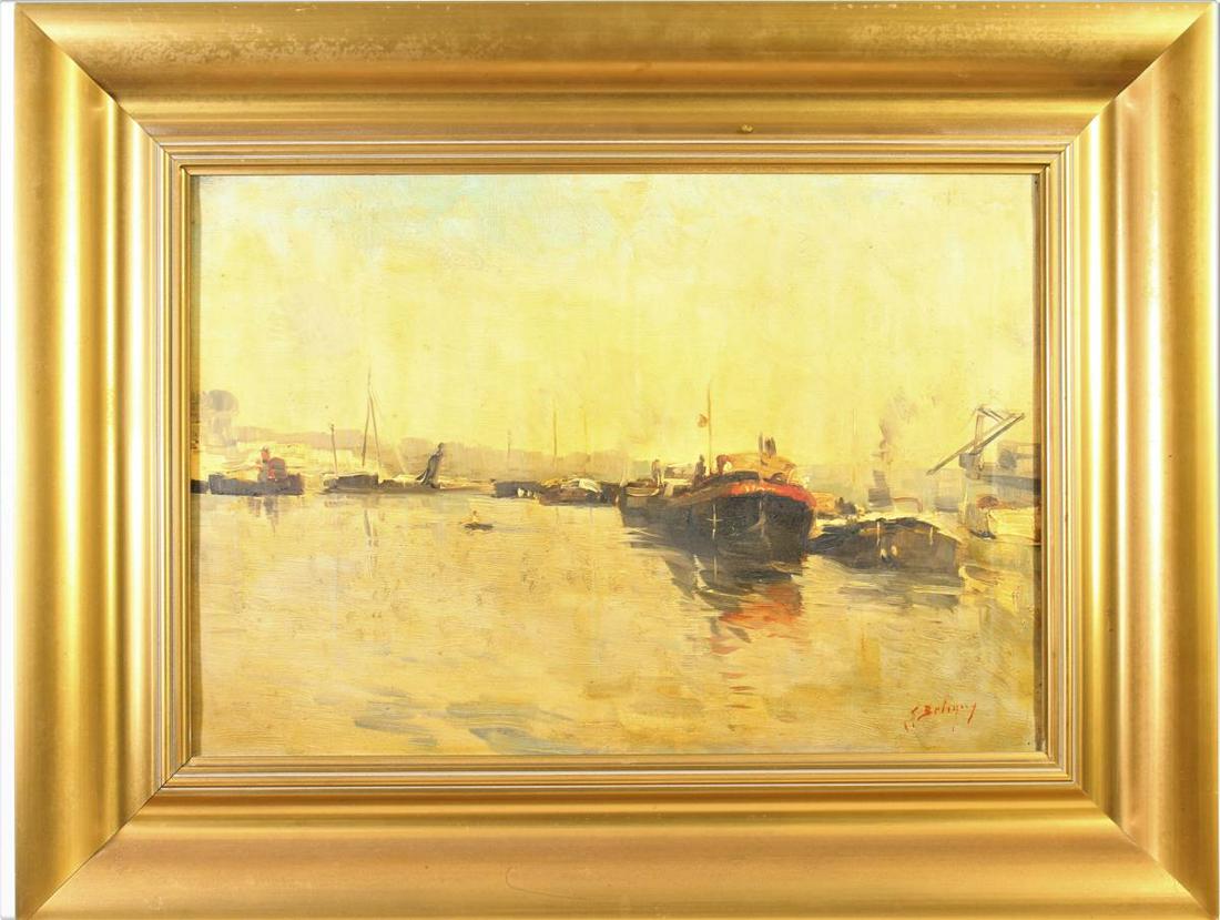 Ernest Betigny (Belgian 1873-1960) O/C: Boats in the harbor, signed lower right. Overall size: 20 1/2 x 26 1/2 in Sight size: 12 3/4 x 19 in