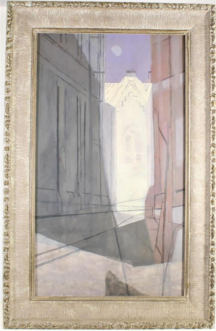 Charles Gresham (American 20th Century) Oil: This painting is titled The Alley of the White Structure, and was exhibited the the Esther Robles Gallery in Los Angelos, according to the label on the back. The Esther Robles Gallery was an influenti