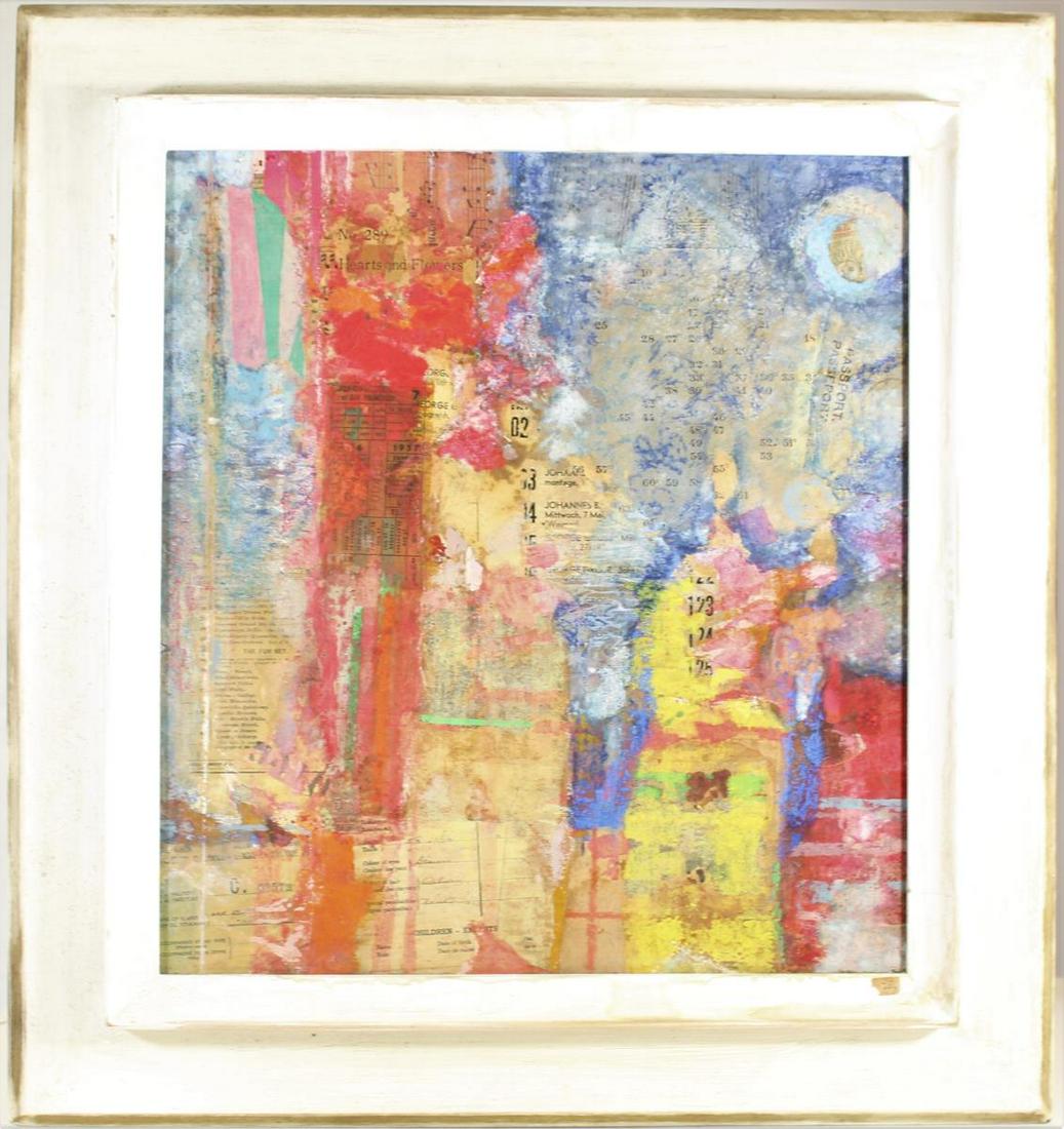 Charles Gresham (American 20th Century) Collage: This abstract work combines painting with collage, a technique that started to be widely used in the early 20th Century for creating avant-garde works. This picture was exhibited at the Esther Robles