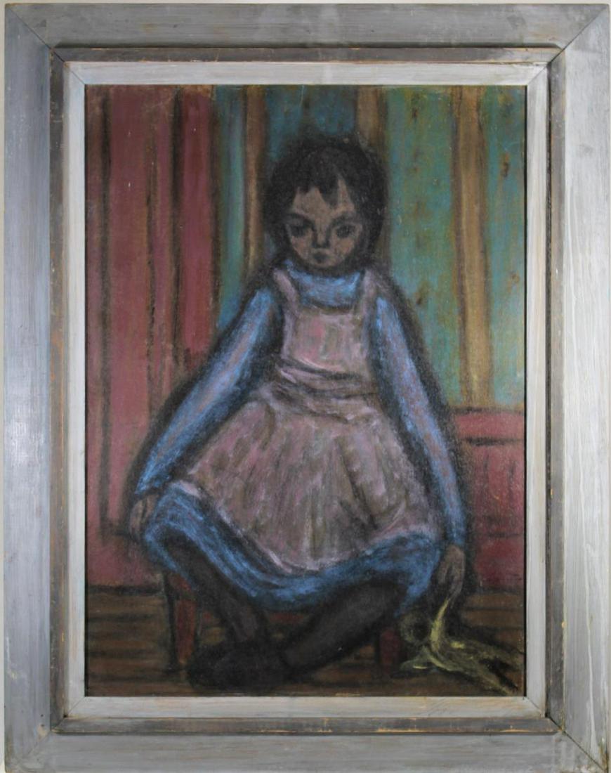 Thomas F. Gates (American 20th Century) Oil: This somber painting of a young girl holding a limp rag doll is titled, Girl with Doll. Overall size: 32 1/2 x 25 1/2 in Sight size: 25 1/2 x 18 1/2 in