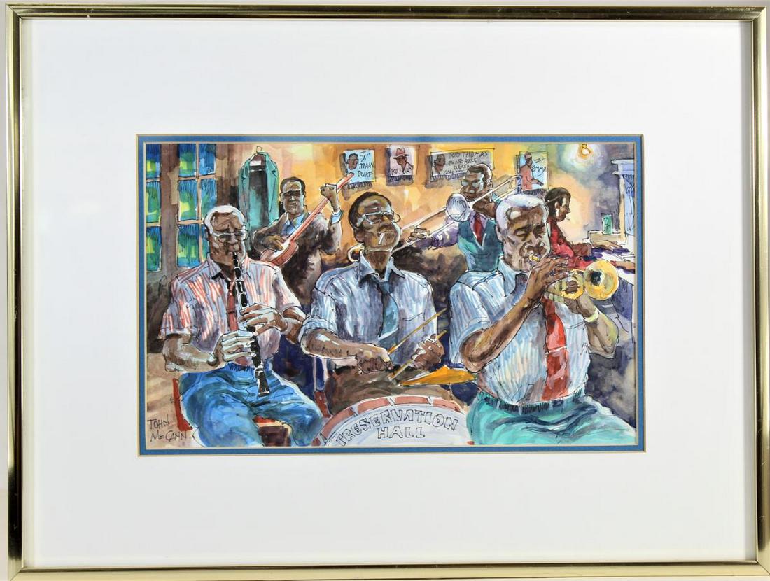 John McCann (Amer. 20th Century) Watercolor: This original ink and watercolor is of a jazz band at Preservation Hall, signed lower left. McCann is well known for his watercolors of iconic French Quarter New Orleans scenes. He was active there in