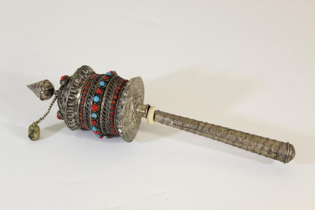 Tibetan Buddhist Prayer Wheel w Scroll: Size: 9 in. Tibetan silver prayer wheel with stone applique, filigree design. Scroll inside of the prayer wheel.