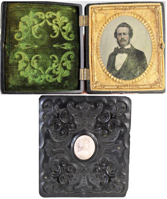 U.S. Thermoplastic Union Case with Rare Cameo 1850's: This is a thermoplastic union case with two different covers, and the cameo center may be very rare. The case has an ambrotype of a gentleman with a large polka-dotted tie, and the ambrotype is a sixt