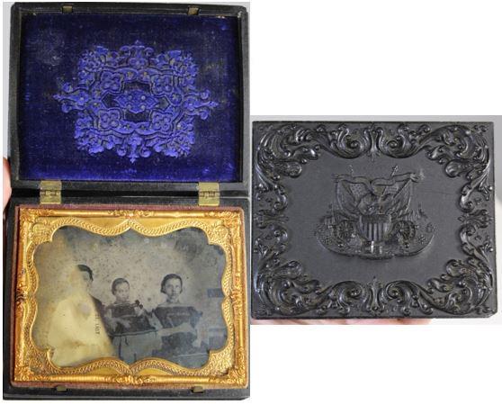 U.S. Patriotic Case, Krainik 27, 1850's: This is a patriotic thermoplastic union case with an ambrotype of three children. The ambrotype is a quarter plate made in 1857 by Littlefield Parsons, an early manufacturer of daguerreotype and union