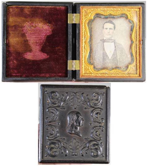 U.S George Washington Profile, Krainik 103, 1850's: This is a thermoplastic union case with a daguerreotype of a gentleman wearing a suit, vest, and bow-tie. The daguerreotype is a sixth plate and hand-colored. The embossed covers feature a profile of 