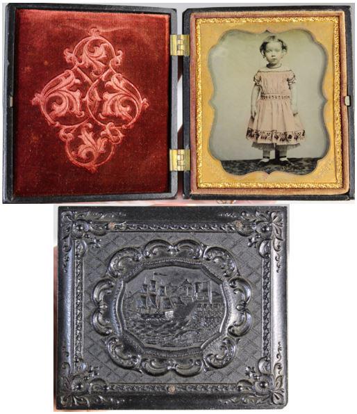 U.S. Thermoplastic Case w/ Ship and Fort 1850's: This is a patriotic thermoplastic case with an ambrotype of a young girl in a full-length dress. The ambrotype is a sixth plate and the dress is hand-colored from top to bottom, which is unusual, beca