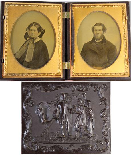 US Thermoplastic Case, Sir Roger deCoverly 1850's: This is a thermoplastic union case with two ambrotypes of a couple who are likely husband and wife. The ambrotypes are quarter plates and hand-tinted. The embossed covers depict Sir Roger deCoverly an