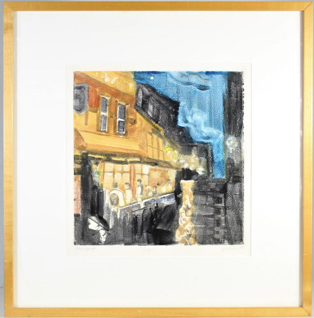 Debra Walker (American b. 1953) Monoprint: This monoprint is titled Cafe, it is signed and dated 1994 in the margin. Walker is a contemporary California artist who studied at UCLA and UC Berkeley. Overall size: 21 1/4 x 20 3/4 in. Sight size: 