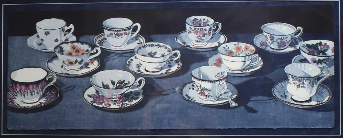 Sherrie Wolf (American b. 1952) Watercolor: Tea For Twelve, depicts a dozen elegant teacups and saucers, signed in lower left. A painter of contemporary realist still life with vivid coloration, Sherrie Wolf works from her studio in Portland, O