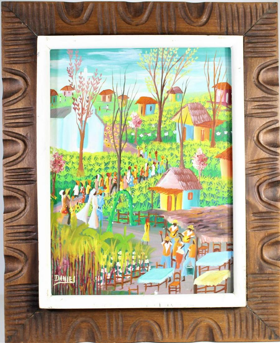 Daniel (Haiti 20th Century) Acrylic: This painting by Daniel is a lovely view of a village wedding procession walking from the church to the reception, it is signed in lower left. The frame has a charm of its own. Overall size: 21 1/2 x 