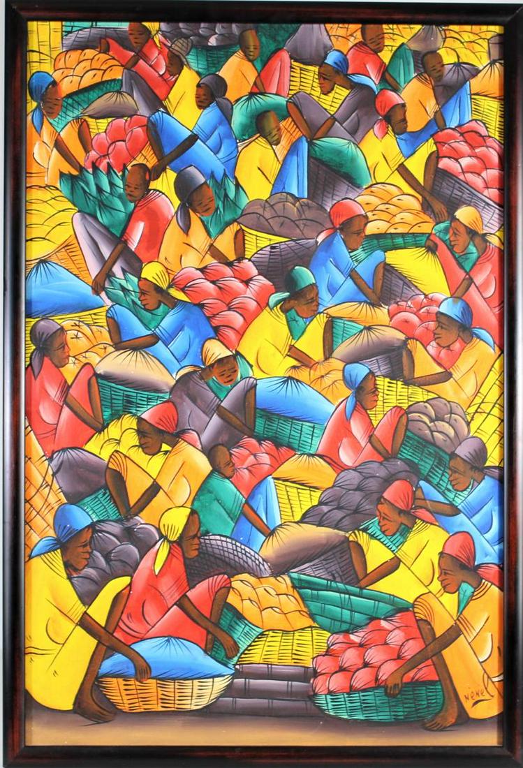 Nenel (Haiti, 20th Century) Acrylic: This painting is of a market scene, signed Nenel in the lower right. The artist is known for bold color and intertwined figures. Overall size: 25 x 17 in. Sight size: 23 1/2 x 15 1/2 in.