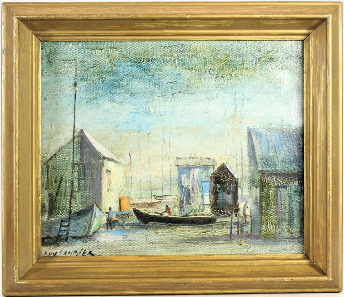 Guy Cambier (1923-2008) French/Belgian O/C: Oil painting of a shipyard, utilizing a scumbled technique. Cambier was a painter of genre scenes, figures, portraits and still life paintings. Born in Brussels, he moved to the South of France in 195