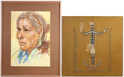 Navajo Sand Painting and Navajo Portrait: This lot contains two items: 1957 Navajo sand painting on board of the Flint Warrior, it bears a complete description on reverse side, and a pastel portrait of a Navajo by Fred Grey Squirrel Stevens. 