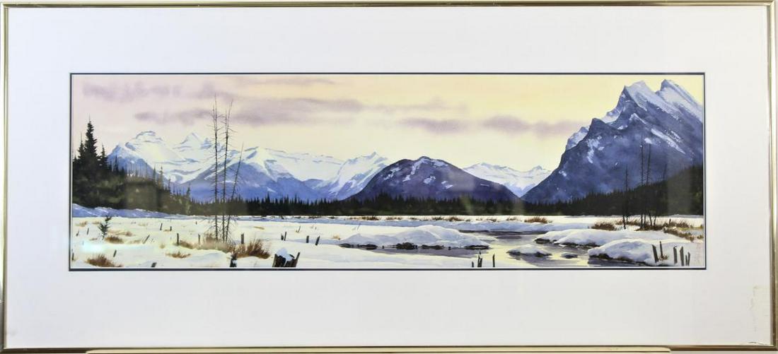 Bern Smith (Canadian, b. 1928) Watercolor: Original watercolor titled Winter Morn, Vermilion Lakes, Mt. Rundle. Bern Smith was born and raised in Manitoba. He pursued a career in commercial art and illustration. After a lengthy and successful 