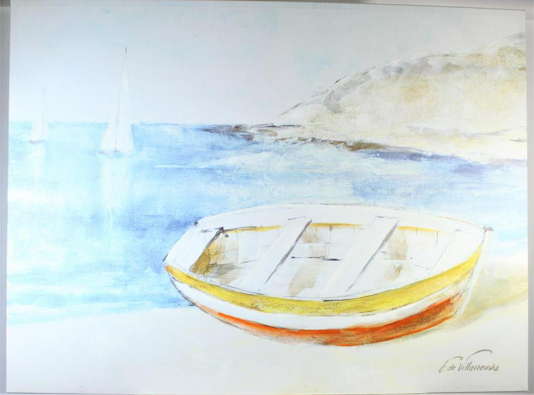 Fabrice de Villeneuve (Fr. b. 1954) Printed Canvas: This design of a rowboat on shore with sailboats in the background is a hand-embellished printed canvas. 35 1/2 x 47 in. wide.