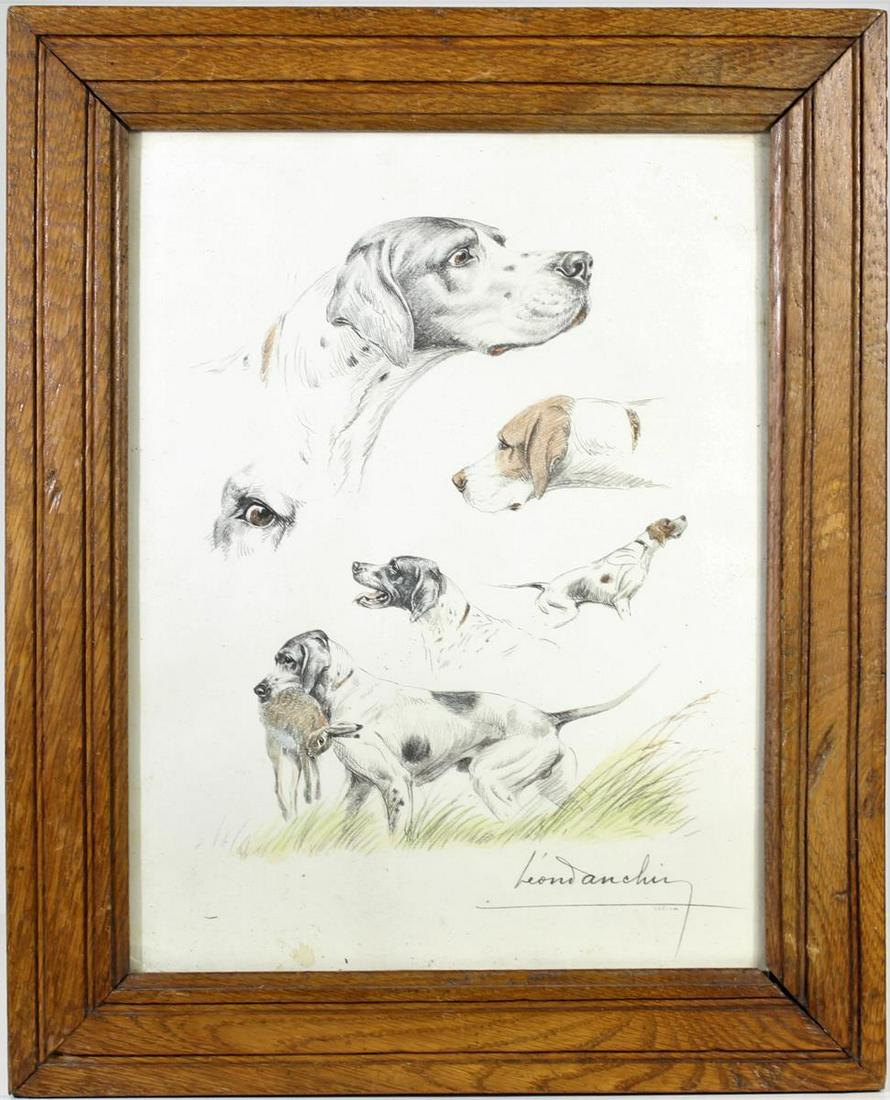 Leon Danchin (1887-1938) French lithograph: The subject matter of this lithograph is that of hunting dogs. Danchin was a French artist known for his drawings of animals, primarily sporting dogs. He was also a sculptor. The lithograph is pencil-