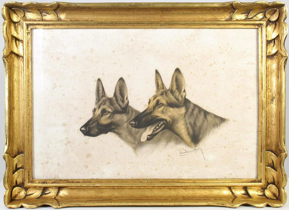 Leon Danchin (1887-1938) French lithograph: Lithograph of two German shepherd dogs. Danchin was a French artist known for his drawings of animals, primarily sporting dogs. He was also a sculptor. Lithograph is foxed overall, signed lower right.