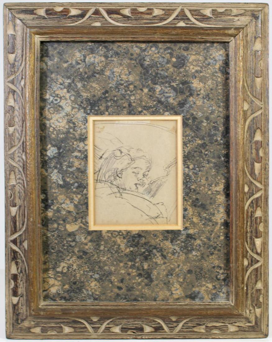 20th Century American, Pen & Ink Drawing: This is a pen & ink drawing of a sleeping child sucking her thumb. Taped onto the reverse, is the name Judy Waterman. Overall size: 15 x 11 3/4 in. Sight size: 4 1/2 x 3 3/4 in.