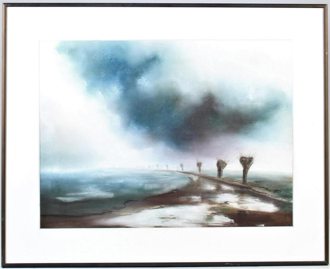 Dariusz Twardoch (b. 1957) Polish, Pastel: Pastel landscape with a big blue sky. Twardoch's main medium is pastel. He developed his own unique fairy-tale world of artistic creation which illustrates subtle little puppets and their experiences.