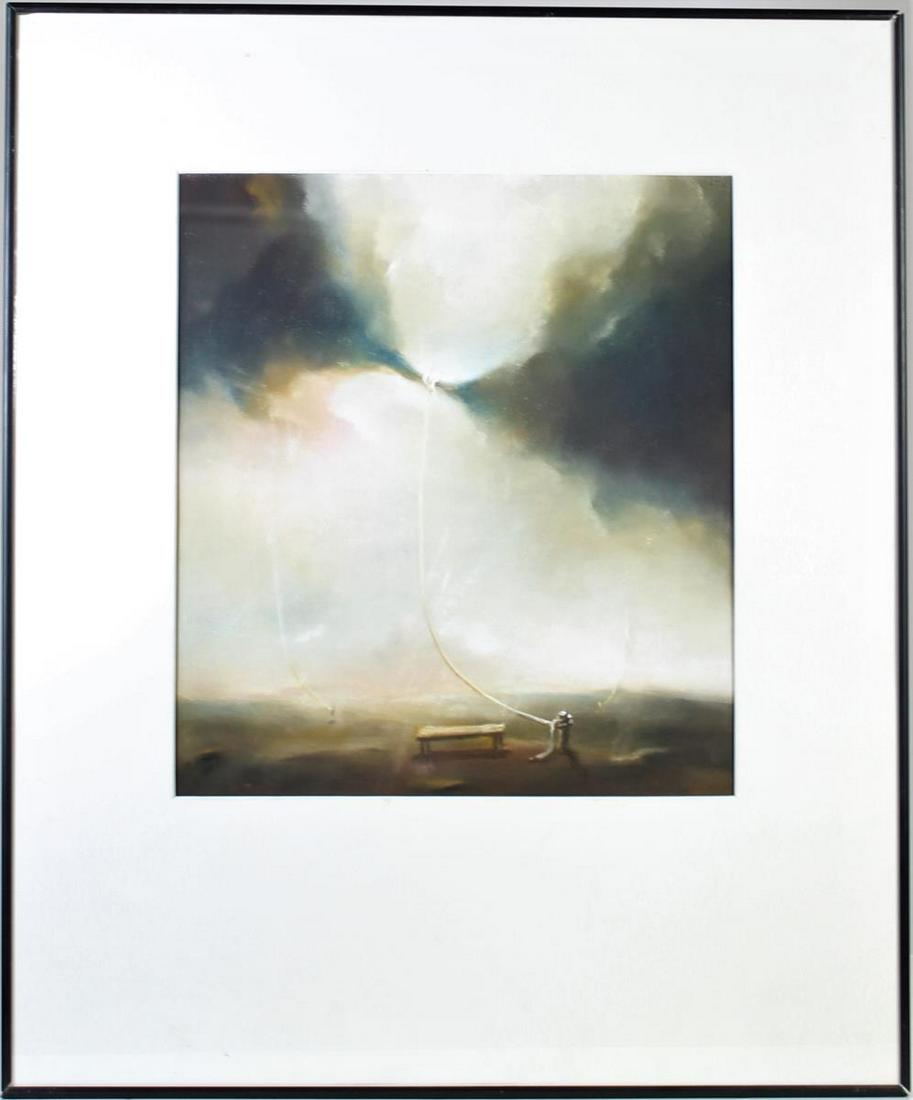 Dariusz Twardoch (b. 1957) Polish, Pastel: Pastel of a surreal sky tied with a rope. Twardoch's main medium is pastel. He developed his own unique fairy-tale world of artistic creation which illustrates subtle little puppets and their experien