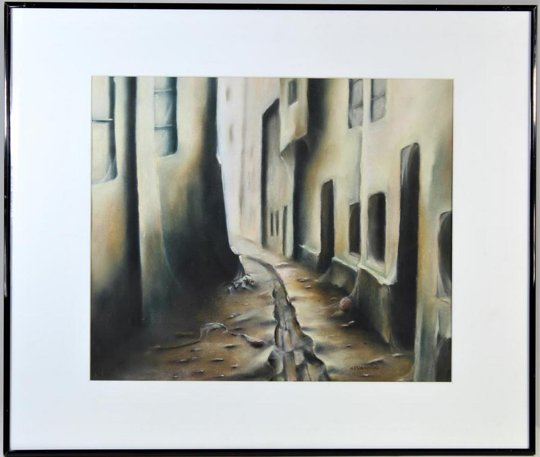 Dariusz Twardoch (b. 1957) Polish, Pastel: This pastel depicts a narrow alleyway, which surreally is spliting down the middle. Twardoch's main medium is pastel. He developed his own unique fairy-tale world of artistic creation which illustrate
