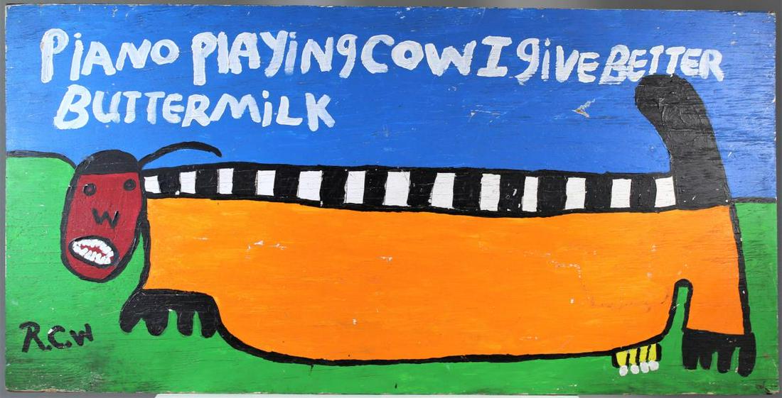 Ruby Williams (20th C. Florida) Oil on Board: Titled: Piano Playing Cow. I Give Better Buttermilk. Signed Lower Rcw lower left. Ruby Williams was an outsider artist from Bealsville, Florida. In 2005, Williams received the Florida Folk Heritage Aw
