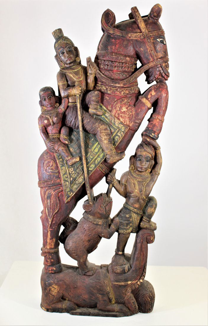 Indian Carved Wooden Freeform Statue: Depicting figures riding horse back. Size: 30 1/2 x 13 x 3 1/2 in.
