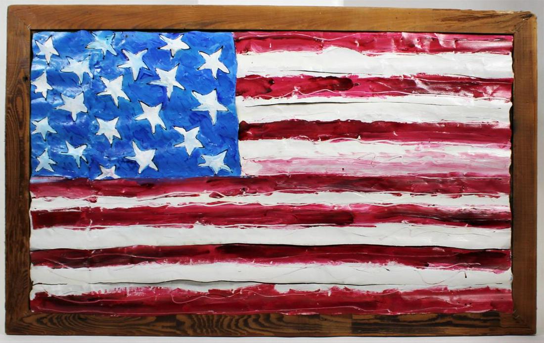 Willie Willie (20th C) American Folk Art, Metal: This is a large sculpture with the American flag painted on corrugated metal by Willie Willie. There are 18 full and partial stars, and the back has an inscription that reads "In Memory of da' Victaim