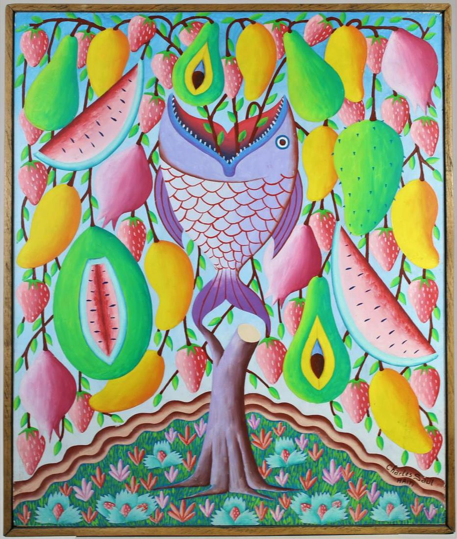 Charles Saul (1943 - ) Haiti, Oil on Board: This still-life is a painting of a fish eating a watermelon and fruit. by Charles Saul, a Haitian artist born in 1943. His brother, Audes, was also a Haitian artist. Charles joined the Centre d'Art in