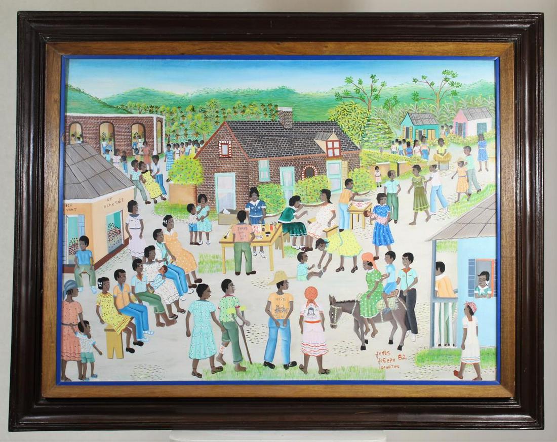 James Joseph (20th C.) Haiti, O/B: This painting was done by James Joseph, a Haitian artist. It is signed and dated '82 in the lower right, and it reads "Cap Haitien", a port city on the north coast of Haiti. This is an outdoor school