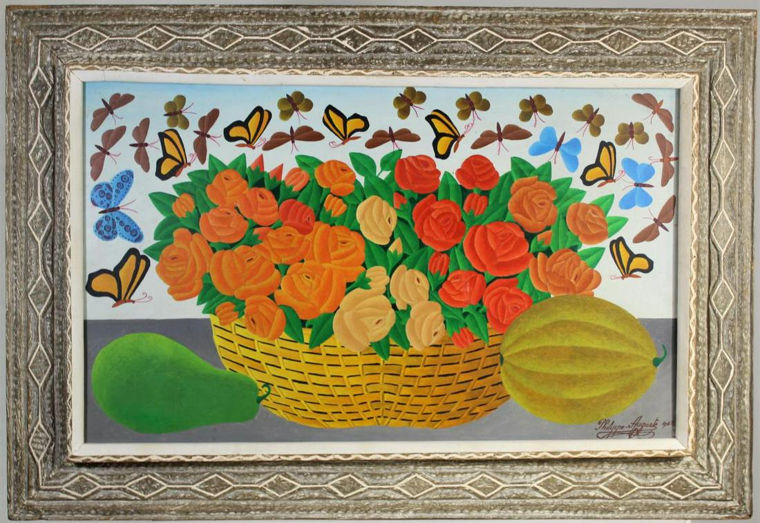 Salnave Philippe-Auguste (Haiti,1908 - 1989) O/B: This is a oil on board by Salnave Philippe Auguste, a Haitian artist who started his career as a lawyer and magistrate. He began painting when he was 52 and became famous for his jungle scenes with vo