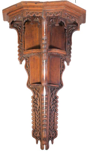 Indo Chinese Carved Three Tiered Corner Shelves: Each: 25 x 10 in. Carved wood.