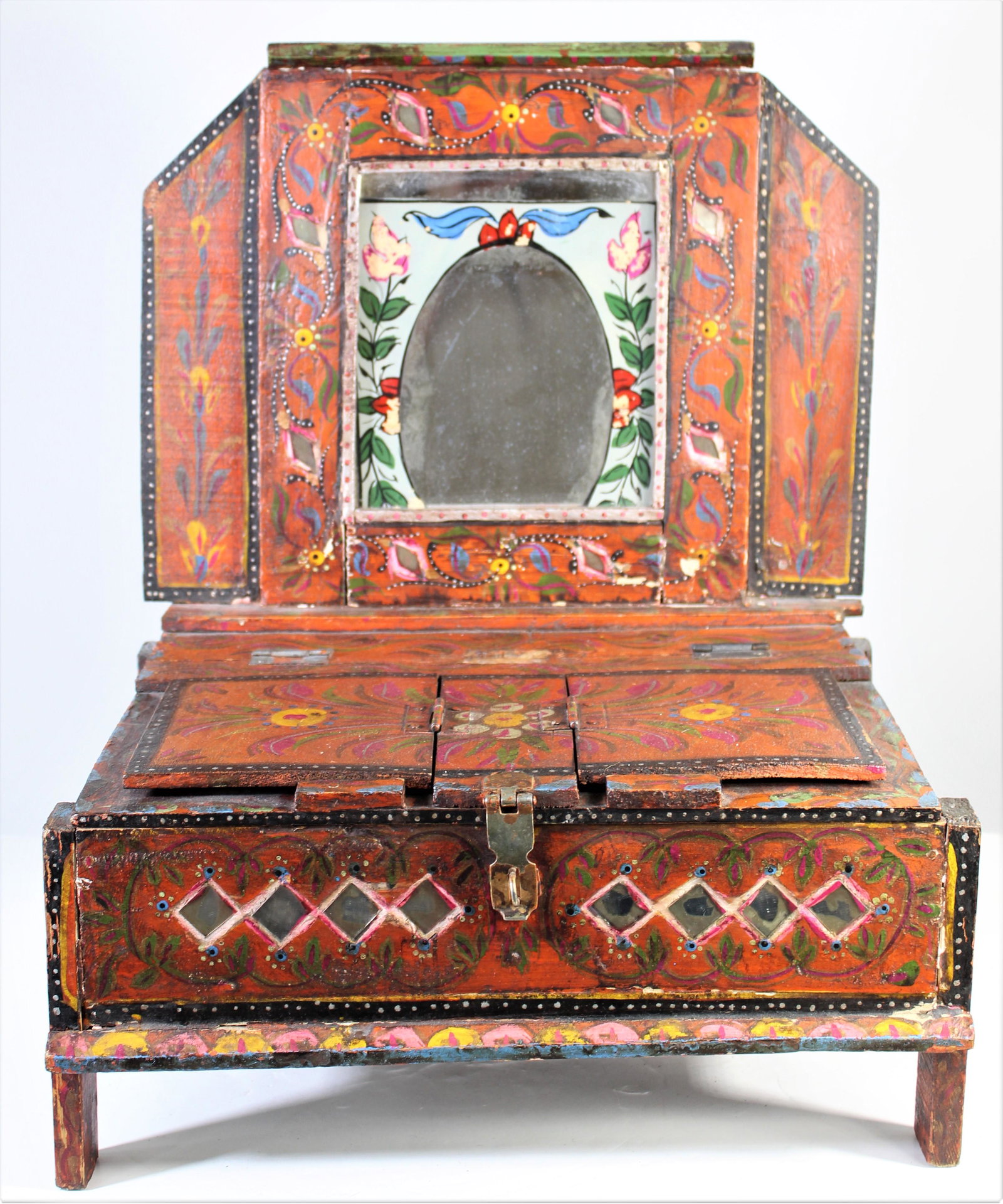 Painted Indonesian Jewelry Chest: Hand painted wood with mirror. Overall size: 15 x 12 x 20 in.