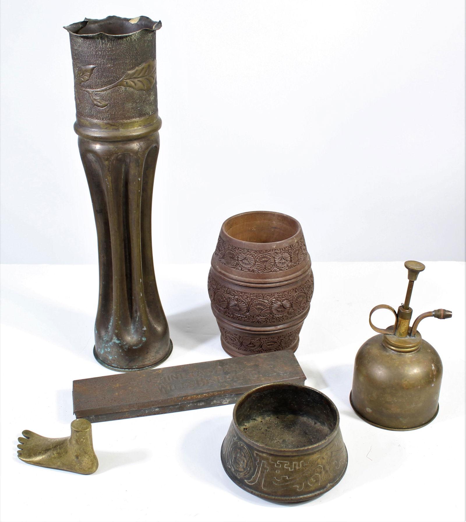 WW1 Trench Art Vase & Indonesian Pcs.: World War I Trench Art Vase, 11 1/2 x 3 1/2 x 3 1/2 deep. The name "trench art" is applied to pieces created by soldiers and civilians working in war-torn occupied countries. The rest of this collecti