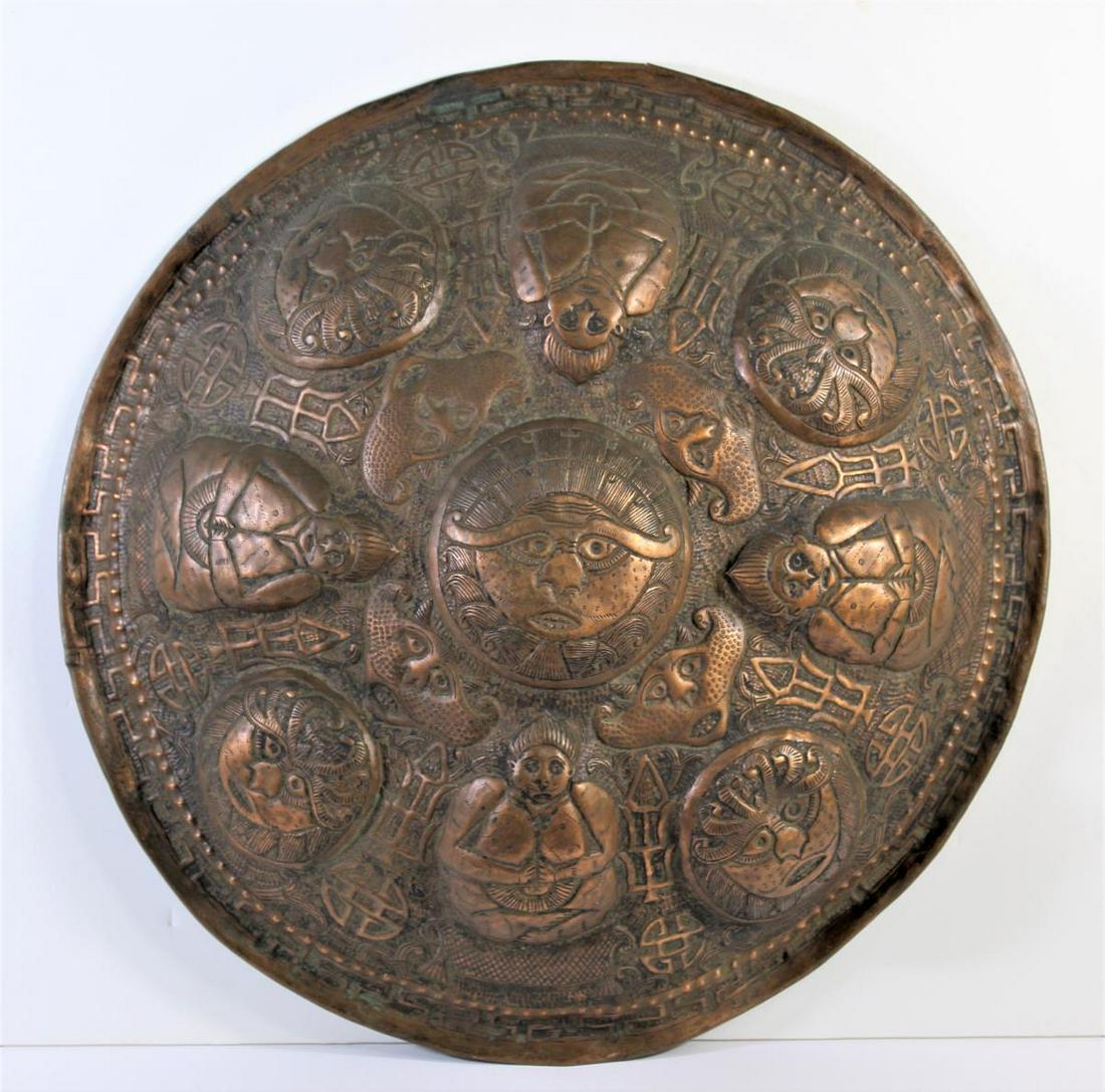 Tibetan Copper Round Buddhist Relief Plaque: Diameter 15 in.