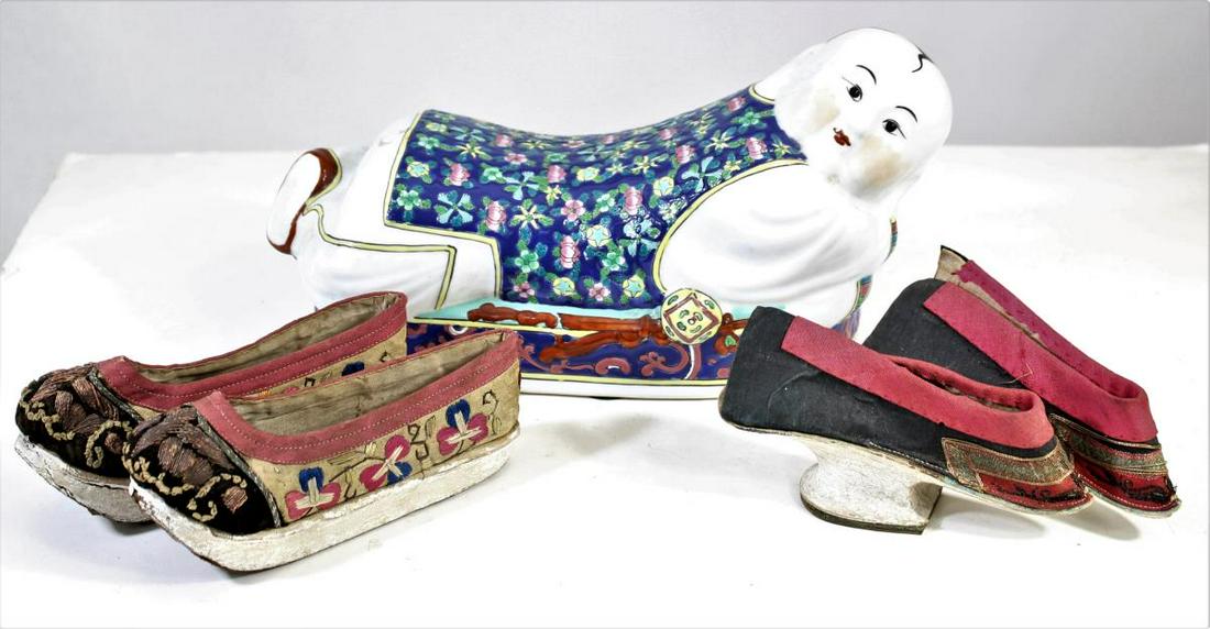 Chinese Porcelain Pillow Headrest & Shoes: This male figure reclines on his stomach, making his decorated backside the pillow part. Size: 12 x 6 x 4 3/4 in. deep.
