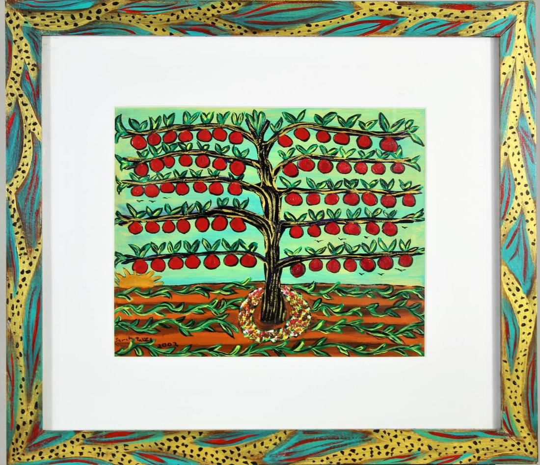 Sarah Rakes (1955 -) American, O/B Folk Art: This is an oil on board by Sarah Rakes, an American artist who was born in Arkansas in the Ozark Mountains and was inspired by nature and her rural surroundings. She moved to Georgia in the 1970's and