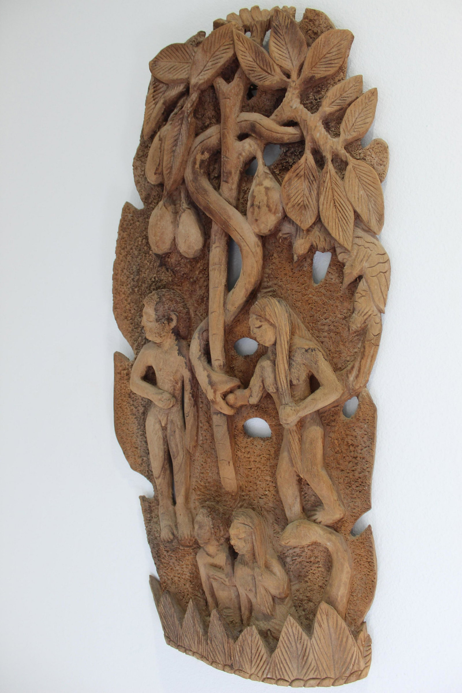 Carved Wooden Sculpture of Adam and Eve: Signed N. Josel on back. Size: 29 x 14 in.