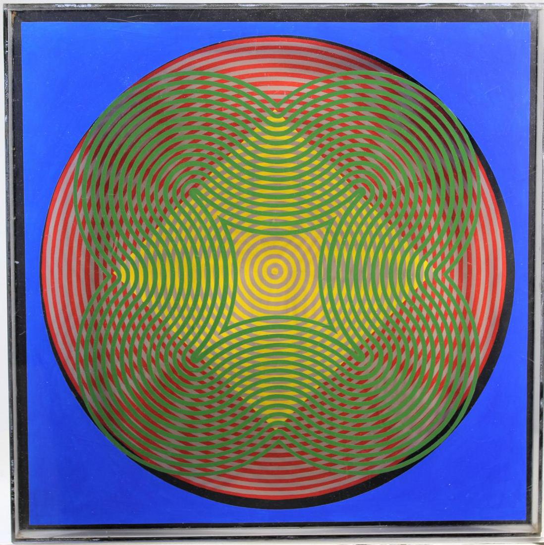 Modern Two-Dimensional Piece of Kinetic Art: This is a modern two-dimensional piece of kinetic art. The top layer is plexiglass painted with wavy green lines and the bottom layer is a large red circle painted on wood and a yellow box in the cent