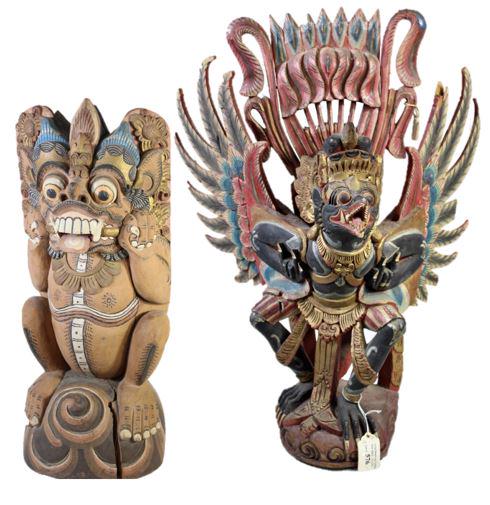 (2) Wooden Carved Balinese Garuda Figures: Hand carved and painted figures. Creatures known as Garuda. Overall size: (from left to right) 7 x 6 x 17 in. 17 x 10 x 21 in.