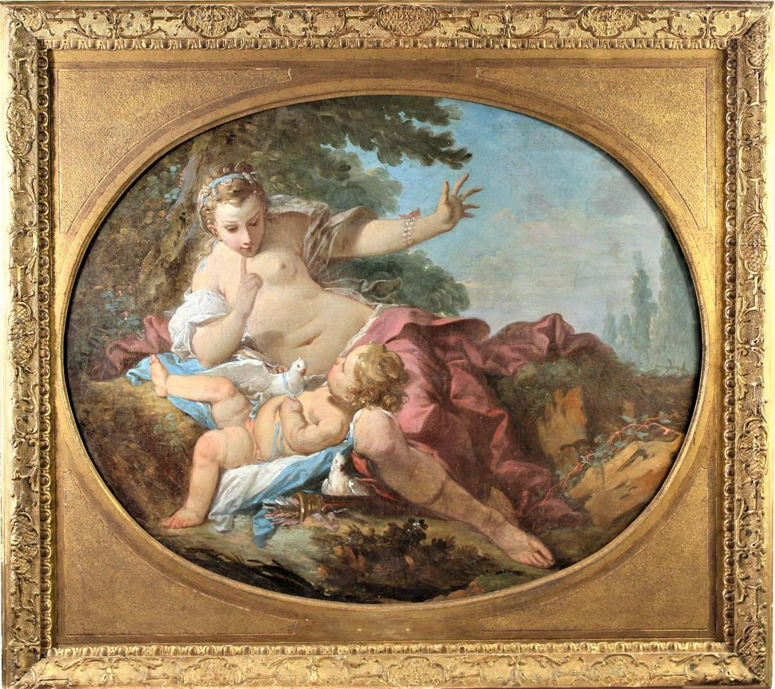Attrib. Francois Boucher (1703-1770) French O/C: Oil on canvas, in rectangular frame with oval mat. The scene depicts Venus and Cupid, and is executed in the Rococo style of Francois Boucher. Boucher is known for Rococo portrait, landscape and mytho