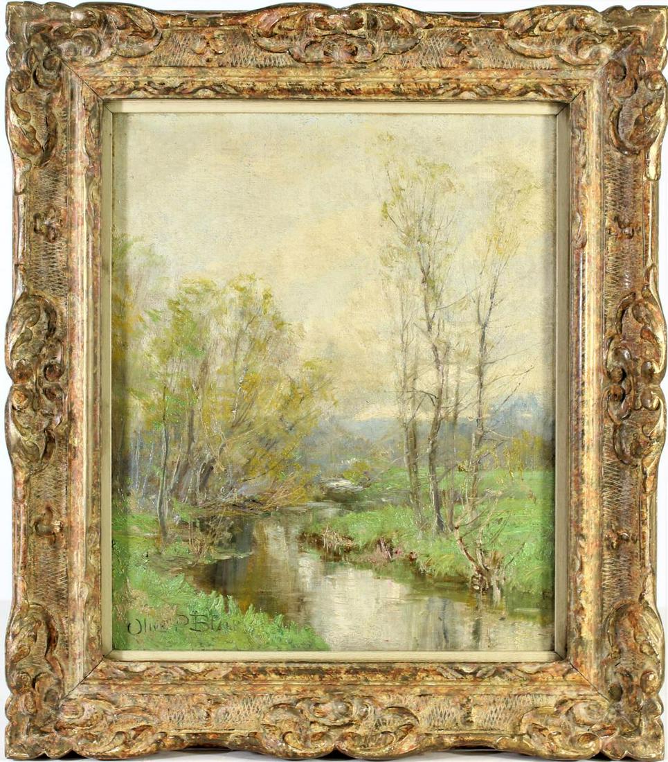Olive Parker Black (1868-1948) American, O/C: Signed lower left, this painting depicts a landscape with stream flowing through. An accomplished landscape painter, Olive Black was born in Cambridge, Massachusetts. She studied art with Hugh Bolton