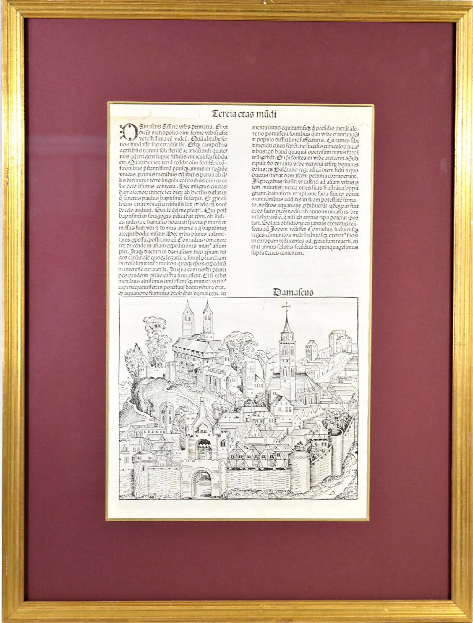 Schedel, Nuremberg Chronicle "Damascus" 1493: Rare Latin engraving from the Nuremberg Chronicle, an incunabula or book printed before 1500. The book was written by Hartmann Schedel and printed by Anton Koberger less than forty years after the Gut