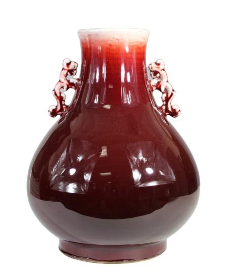 Antique Chinese Sang De Boeuf Vase: Chinese oxblood glazed vase. Markings on the bottom. Size: 12 in. H