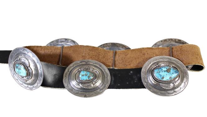 Silver and Turquoise Concho Belt: Size: 48 in L