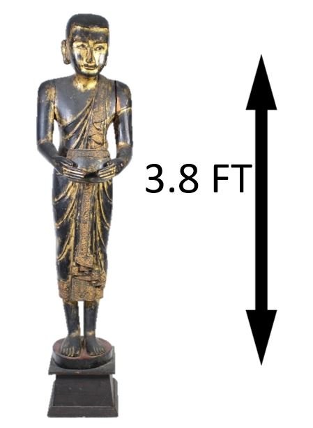 Indonesian Wood Carved Alms Bowl Buddha: Size: 46 1/2 H x 10 1/2 in W Arms bent at elbows, holding an alms bowl at chest level. This statue signifies compassion and caring for all beings.
